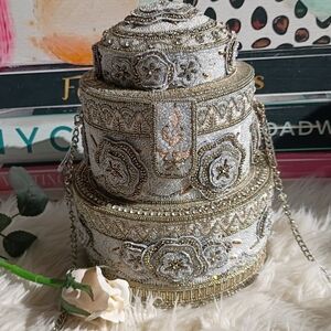 Mary Frances One Of A Kind OOK Silver Beaded Floral Bridal Wedding Cake Bag